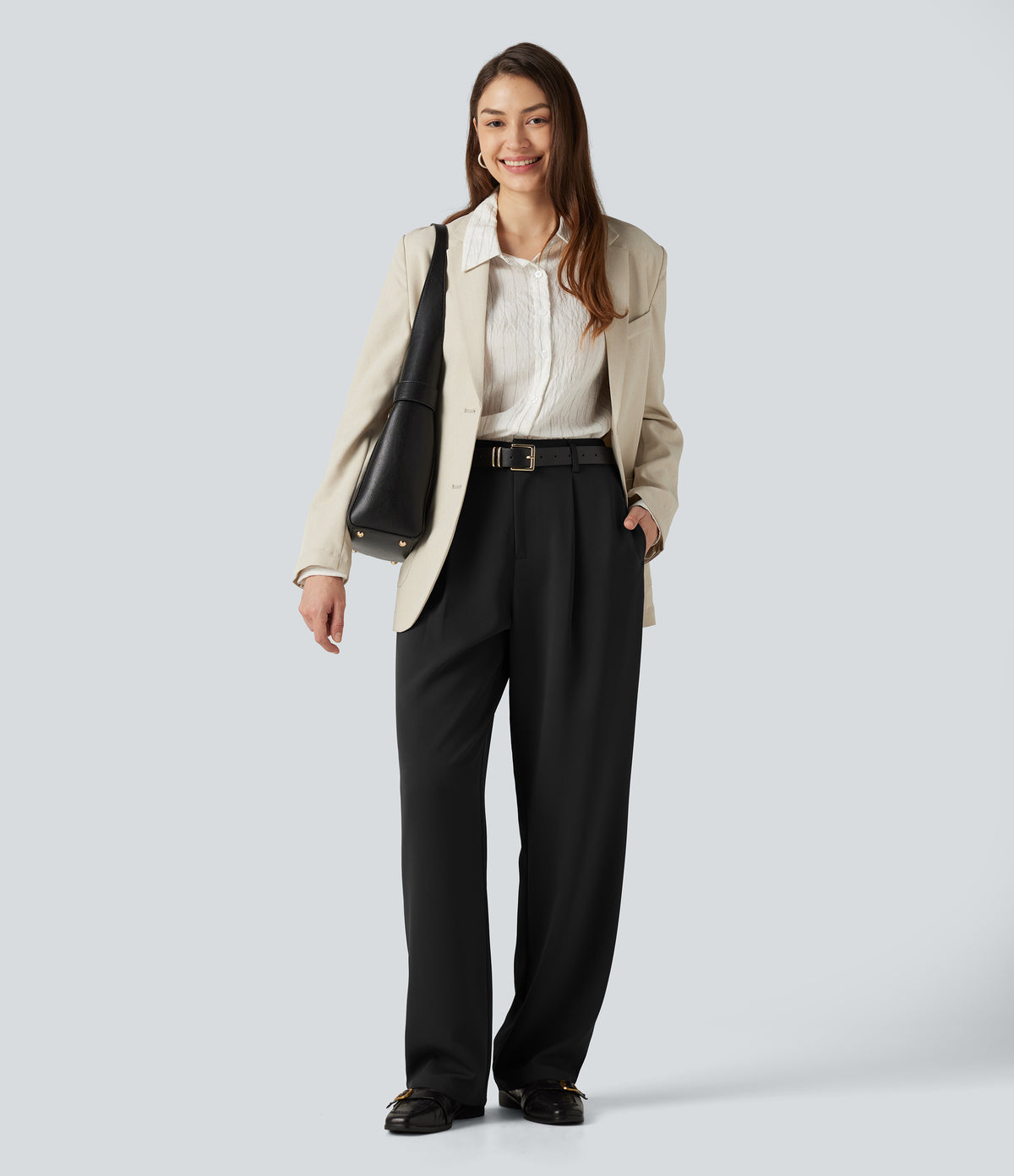 High Waisted Wide Leg Work Trousers with Pockets — Black — view 6