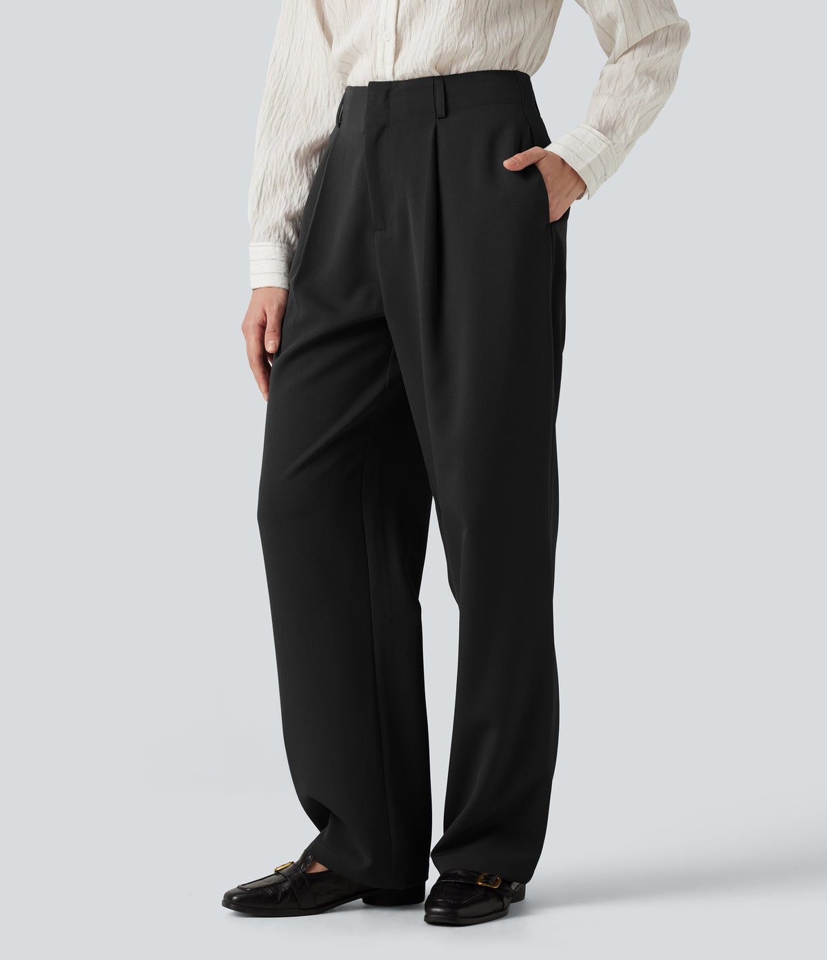 High Waisted Wide Leg Work Trousers with Pockets — Black — view 3