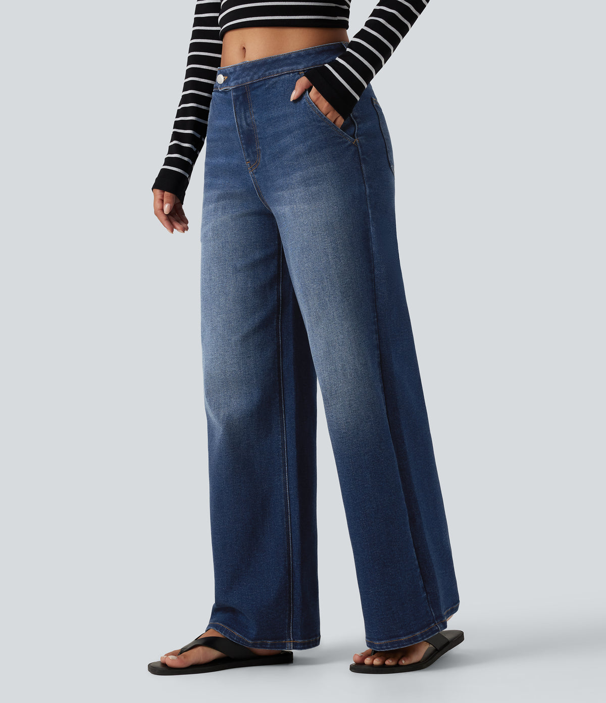 Mid Rise Wide Leg Washed Casual Jeans with Pockets — Estate Blue Denim — view 3