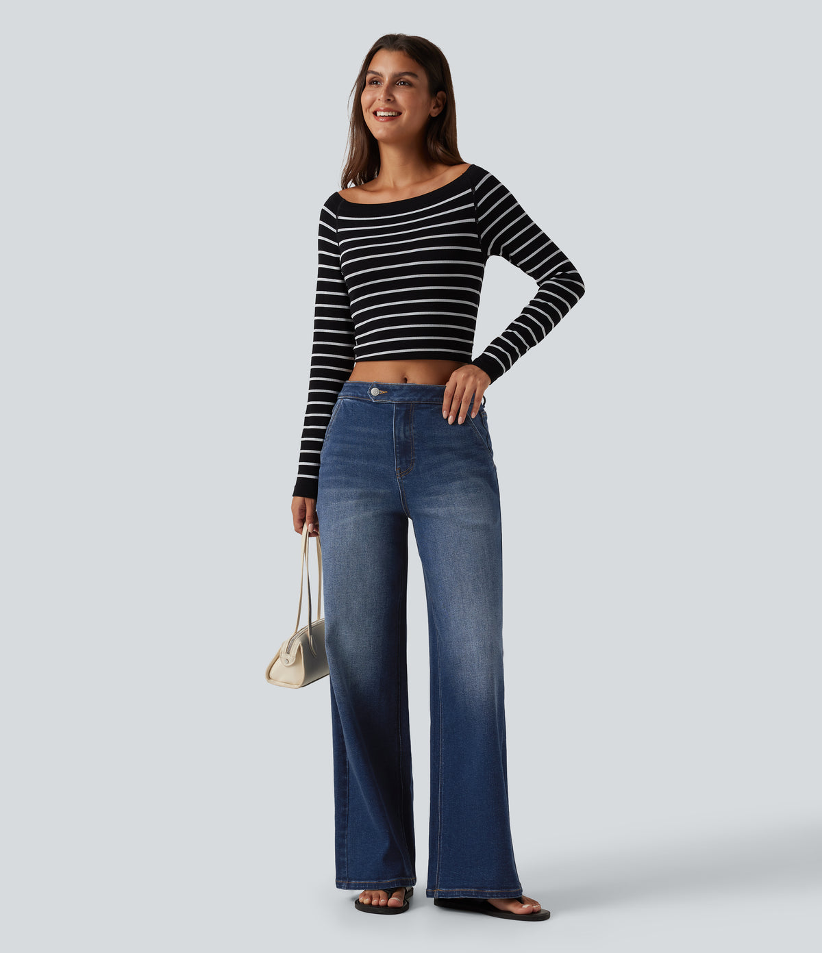 Mid Rise Wide Leg Washed Casual Jeans with Pockets — Estate Blue Denim — view 7