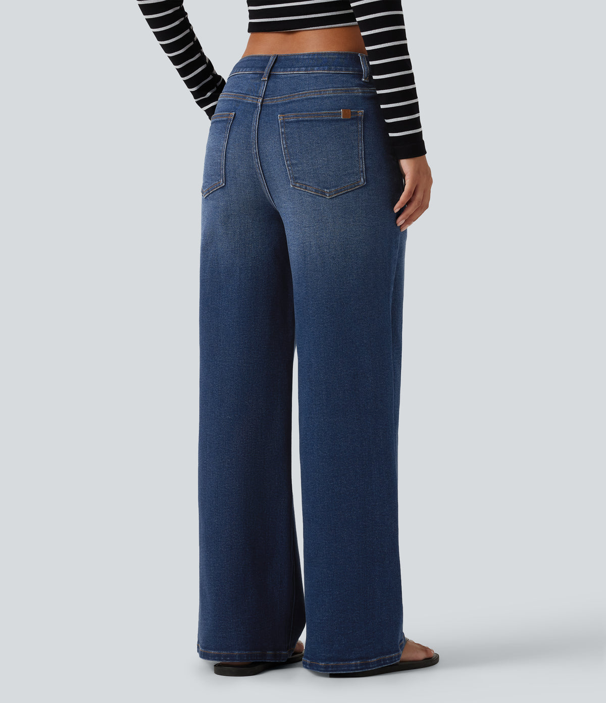 Mid Rise Wide Leg Washed Casual Jeans with Pockets — Estate Blue Denim — view 2
