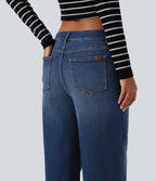 Mid Rise Wide Leg Washed Casual Jeans with Pockets — Estate Blue Denim — view 5