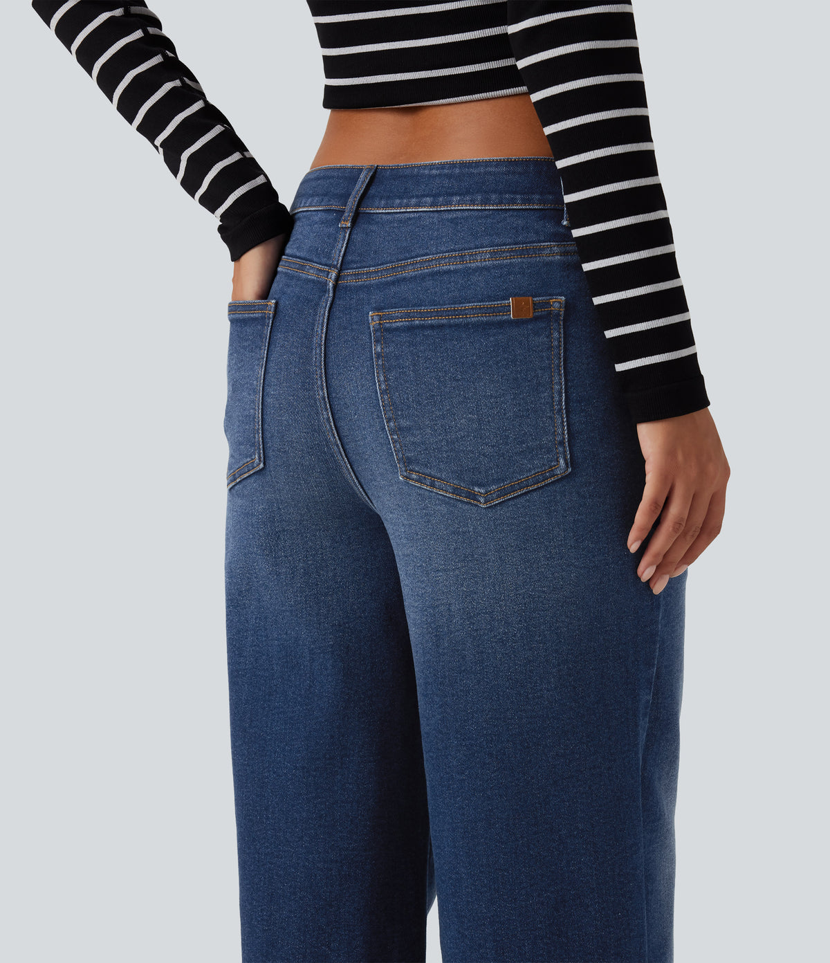 Mid Rise Wide Leg Washed Casual Jeans with Pockets — Estate Blue Denim — view 5