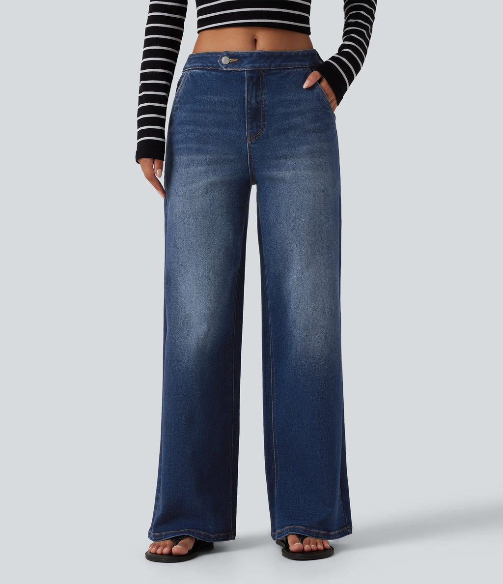 Mid Rise Wide Leg Washed Casual Jeans with Pockets — Estate Blue Denim — view 1