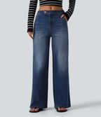 Mid Rise Wide Leg Washed Casual Jeans with Pockets — Estate Blue Denim — view 1