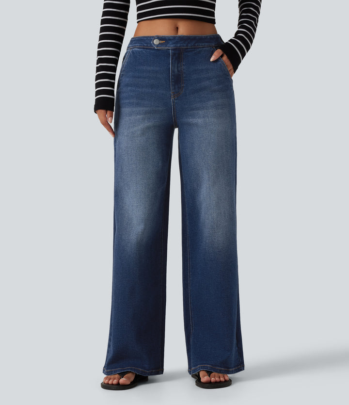Mid Rise Wide Leg Washed Casual Jeans with Pockets — Estate Blue Denim — view 1