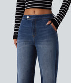 Mid Rise Wide Leg Washed Casual Jeans with Pockets — Estate Blue Denim — view 4