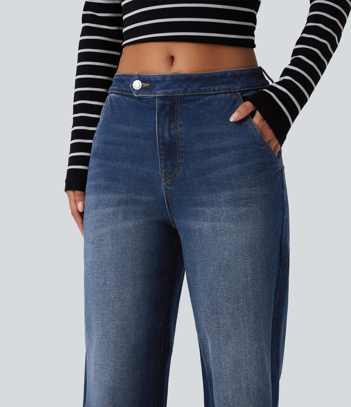 Mid Rise Wide Leg Washed Casual Jeans with Pockets — Estate Blue Denim — view 4
