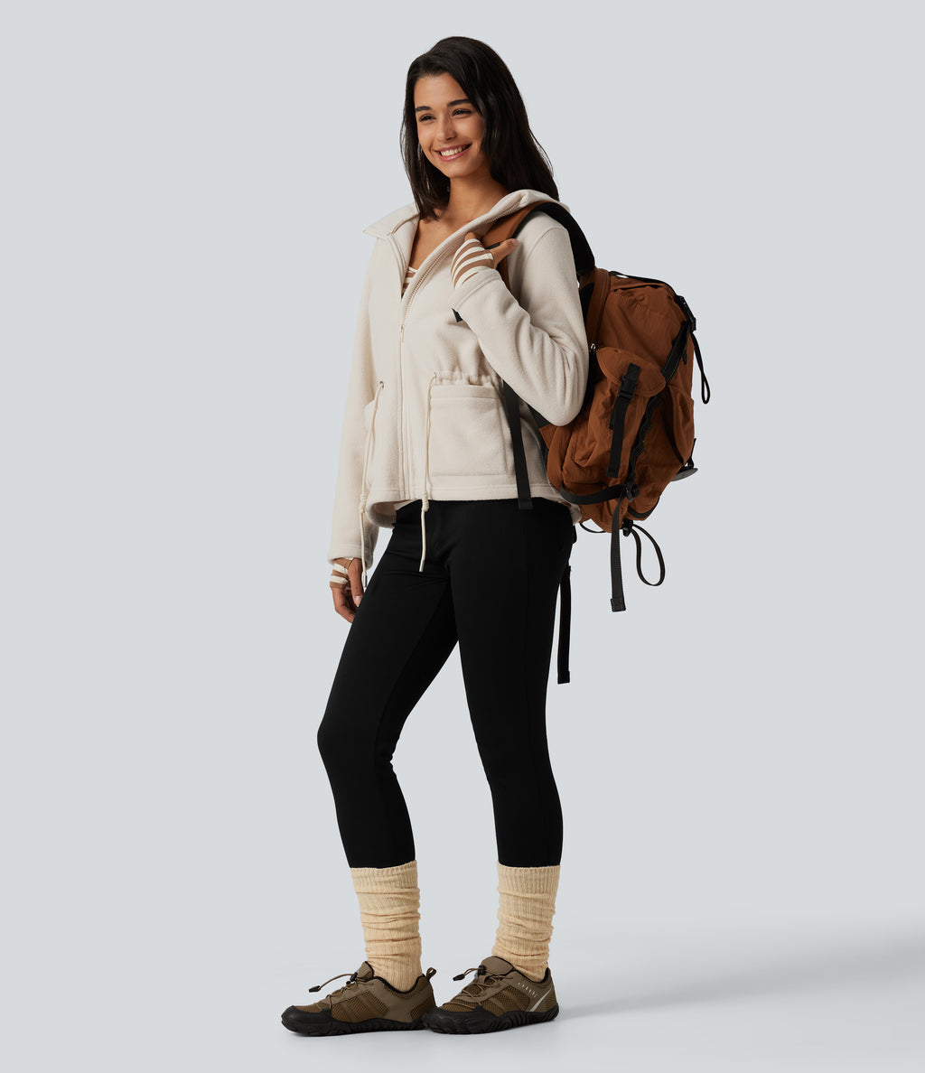 Hooded Drawstring Long Sleeve Casual Sherpa Jacket with Pockets — Parchment White — view 7