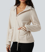 Hooded Drawstring Long Sleeve Casual Sherpa Jacket with Pockets — Parchment White — view 6