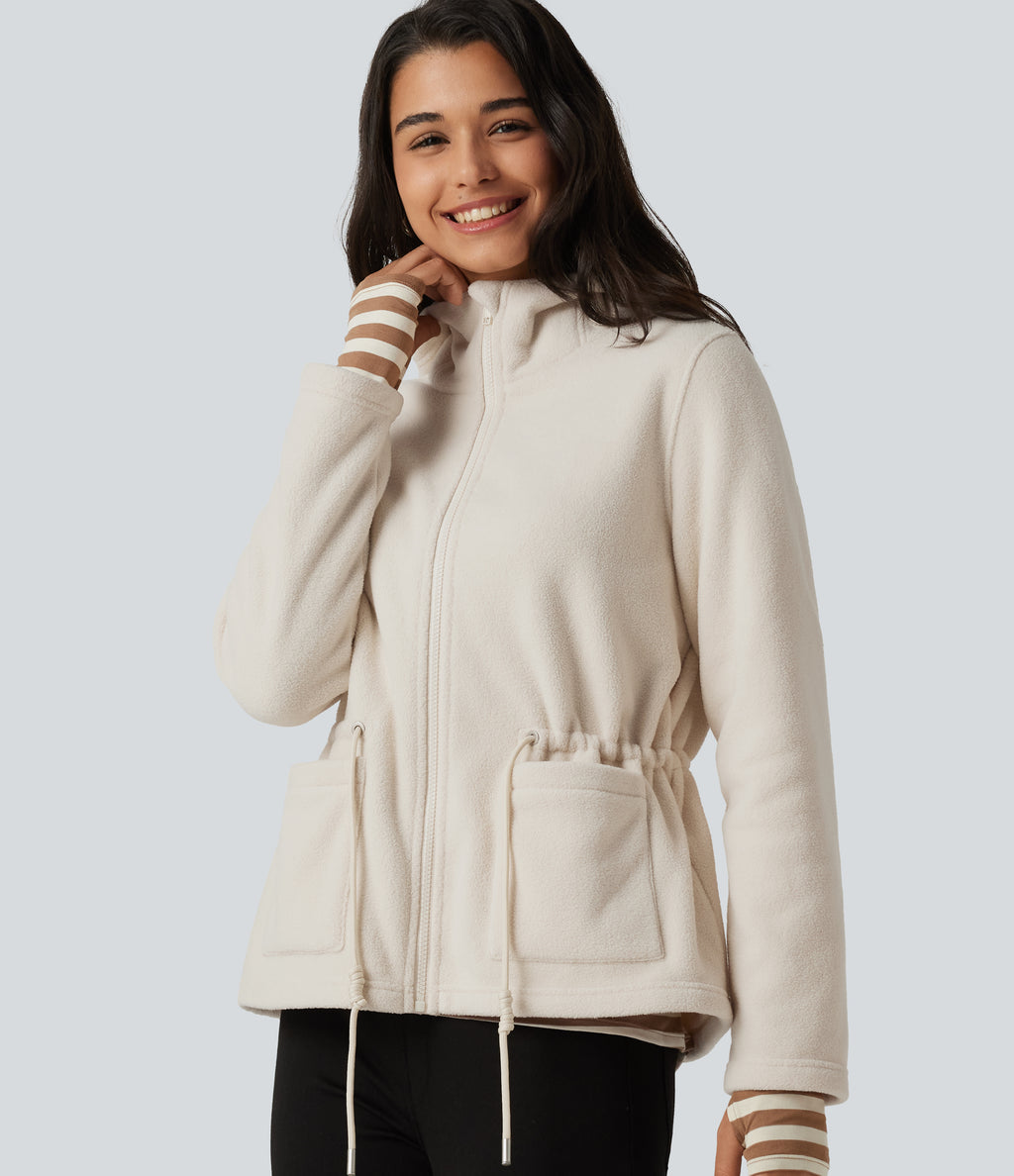 Hooded Drawstring Long Sleeve Casual Sherpa Jacket with Pockets — Parchment White — view 8