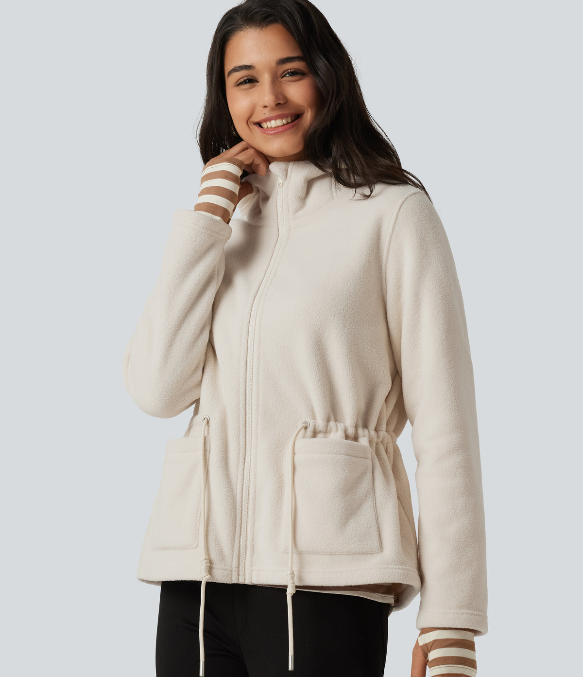 Hooded Drawstring Long Sleeve Casual Sherpa Jacket with Pockets — Parchment White — view 8