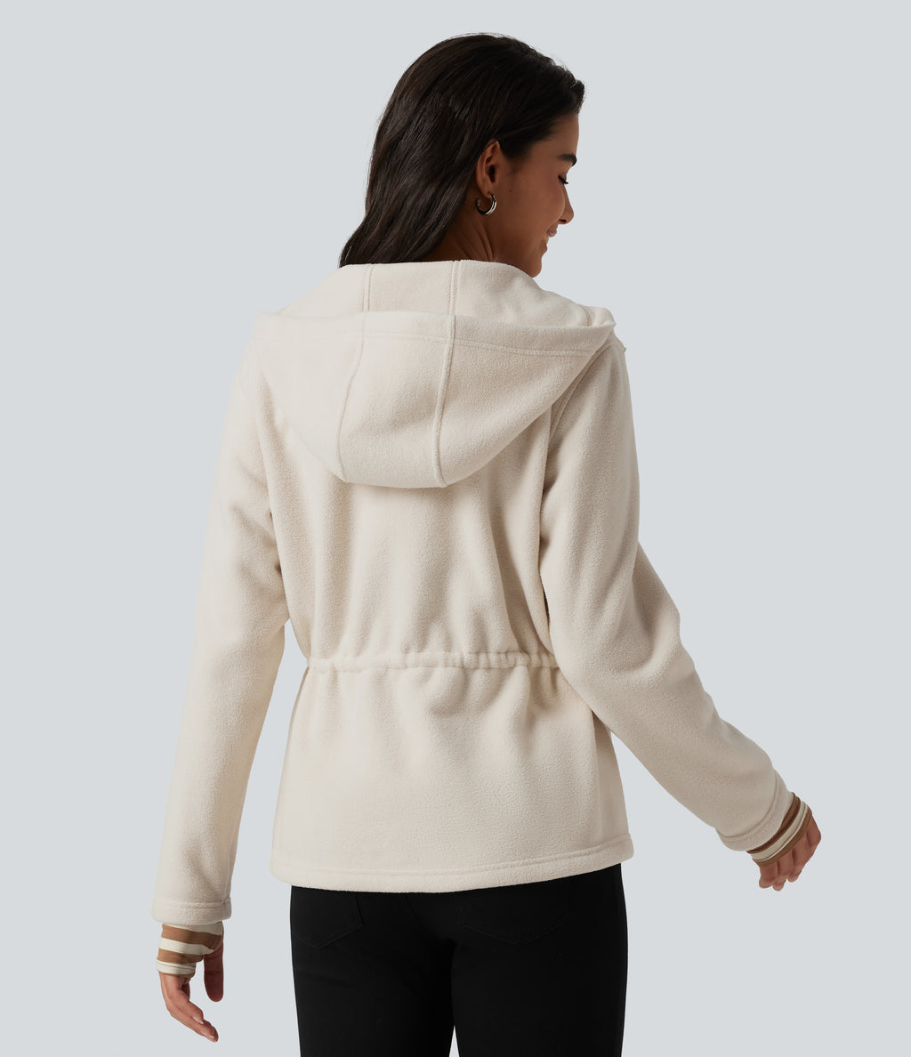 Hooded Drawstring Long Sleeve Casual Sherpa Jacket with Pockets — Parchment White — view 2