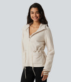 Hooded Drawstring Long Sleeve Casual Sherpa Jacket with Pockets — Parchment White — view 3