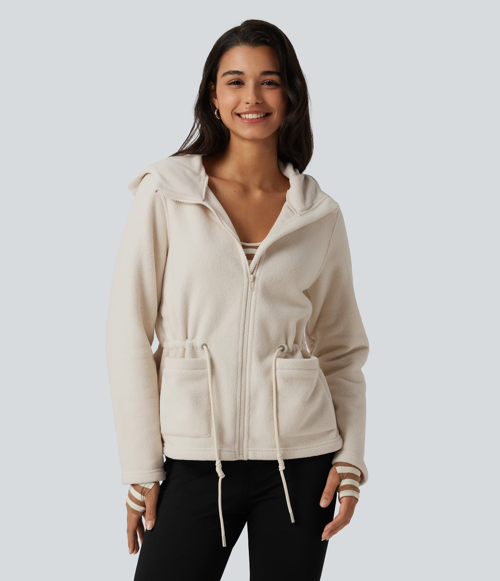 Hooded Drawstring Long Sleeve Casual Sherpa Jacket with Pockets — Parchment White — view 1