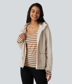 Hooded Drawstring Long Sleeve Casual Sherpa Jacket with Pockets — Parchment White — view 4