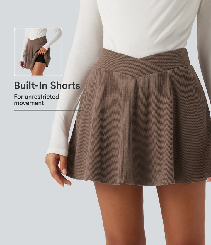 High Waisted Crossover 2-in-1 Corduroy Mini Casual Skirt with Pockets — Acorn — view 1