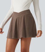 High Waisted Crossover 2-in-1 Corduroy Mini Casual Skirt with Pockets — Acorn — view 3