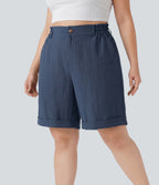 Plus Size High Waisted Rolled Hem Linen-Feel Resort Bermuda Shorts 10'' with Pockets — Deep Secluded Blue — view 3