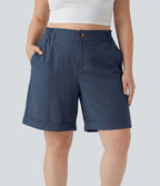 Plus Size High Waisted Rolled Hem Linen-Feel Resort Bermuda Shorts 10'' with Pockets — Deep Secluded Blue — view 1