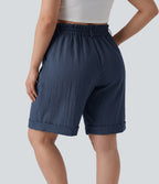 Plus Size High Waisted Rolled Hem Linen-Feel Resort Bermuda Shorts 10'' with Pockets — Deep Secluded Blue — view 2
