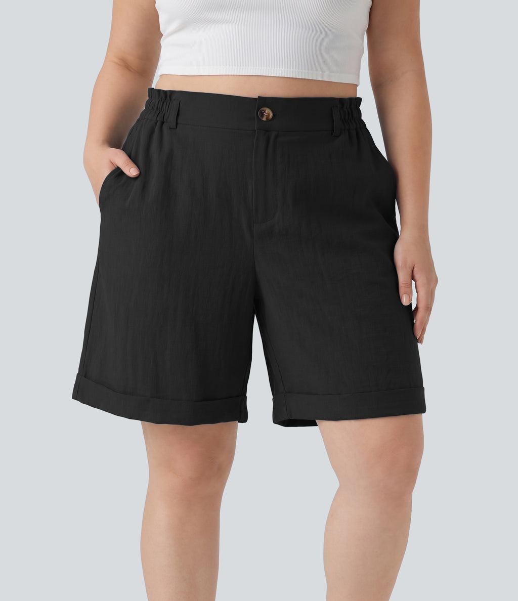 Plus Size High Waisted Rolled Hem Linen-Feel Resort Bermuda Shorts 10'' with Pockets — Black — view 6