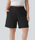 Plus Size High Waisted Rolled Hem Linen-Feel Resort Bermuda Shorts 10'' with Pockets — Black — view 6