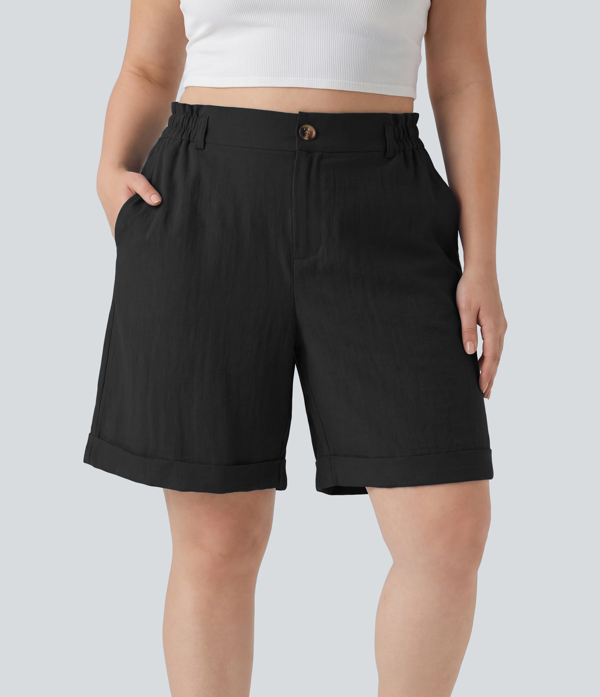 Plus Size High Waisted Rolled Hem Linen-Feel Resort Bermuda Shorts 10'' with Pockets — Black — view 6