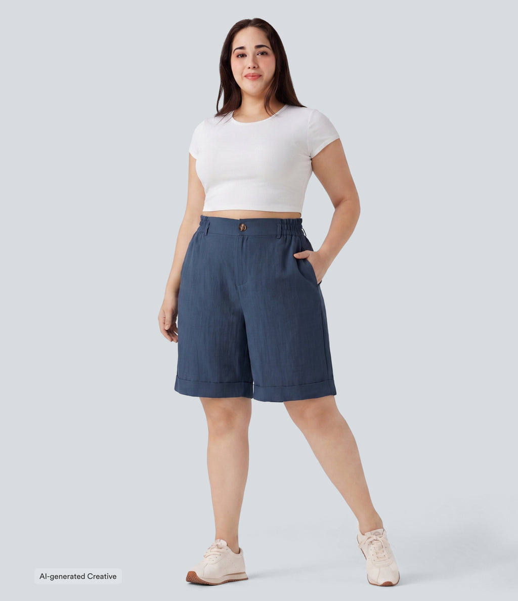 Plus Size High Waisted Rolled Hem Linen-Feel Resort Bermuda Shorts 10'' with Pockets — Deep Secluded Blue — view 5