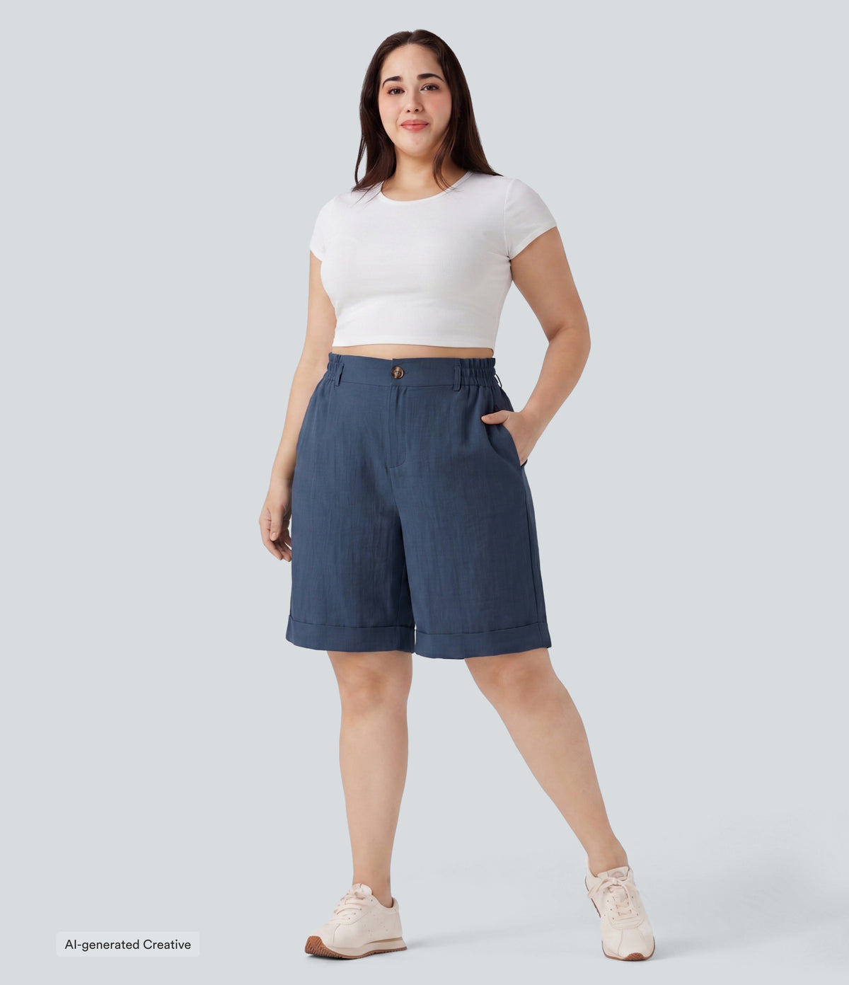 Plus Size High Waisted Rolled Hem Linen-Feel Resort Bermuda Shorts 10'' with Pockets — Deep Secluded Blue — view 5