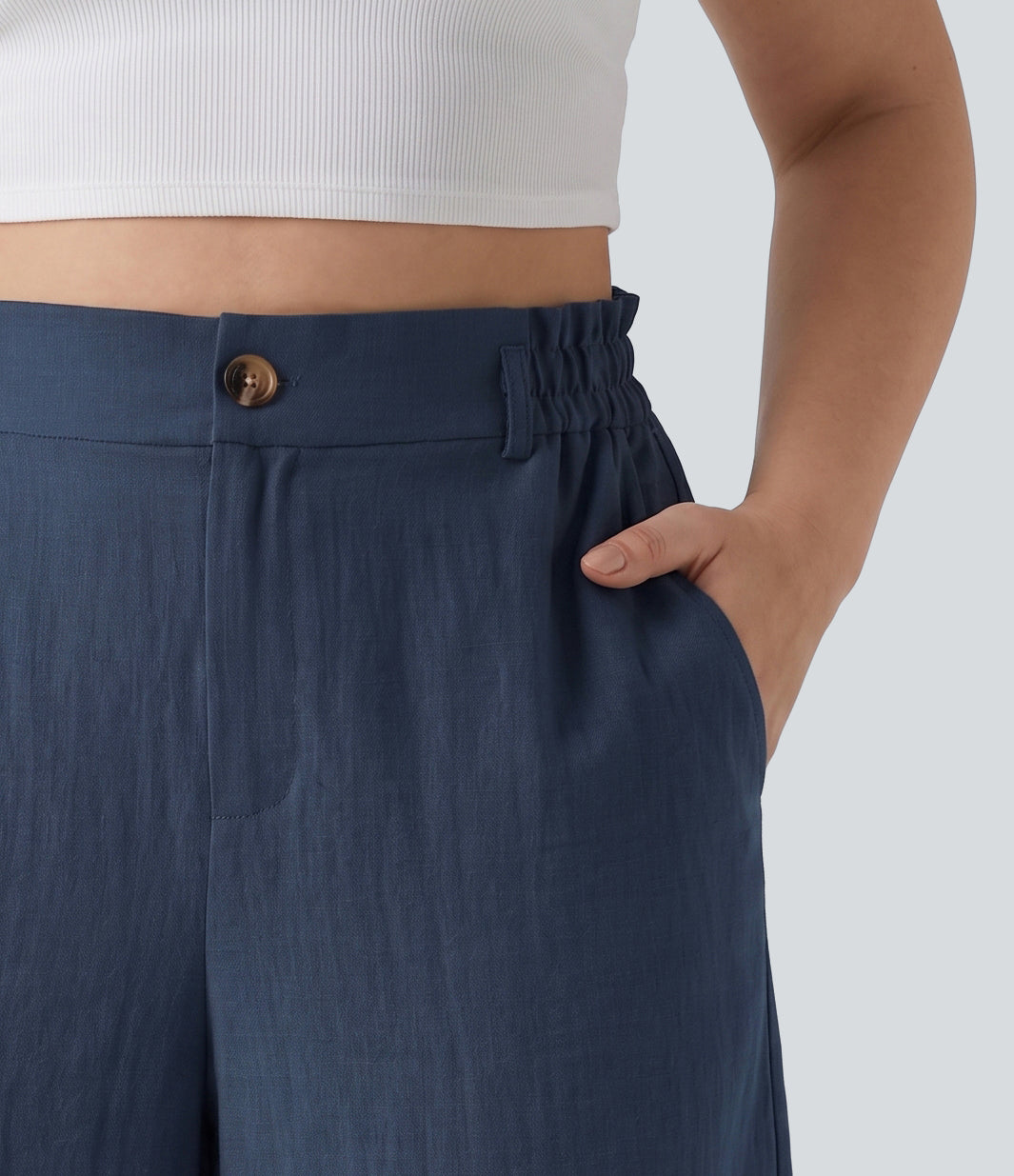Plus Size High Waisted Rolled Hem Linen-Feel Resort Bermuda Shorts 10'' with Pockets — Deep Secluded Blue — view 4