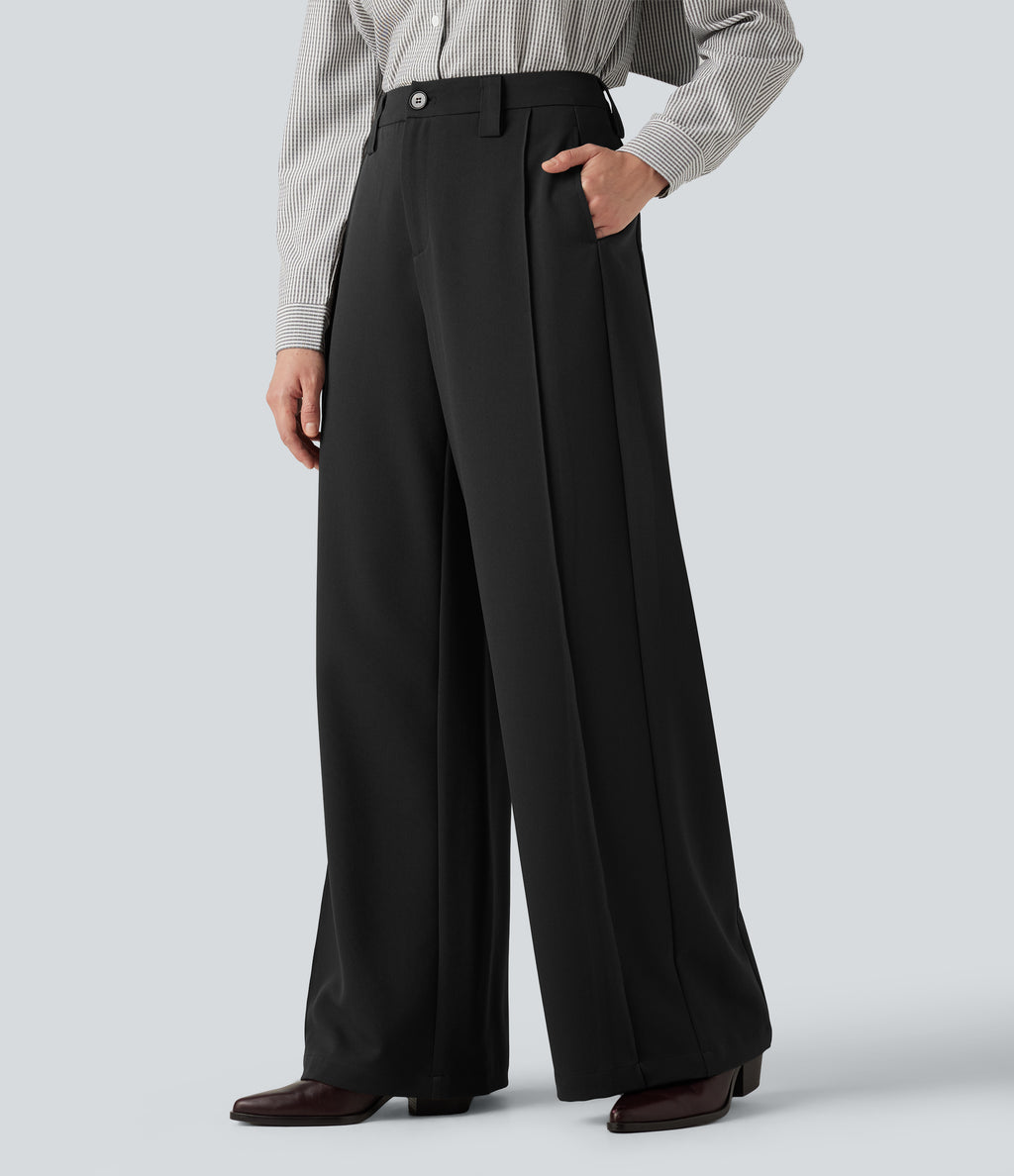 High Waisted Wide Leg Work Trousers with Pockets — Black — view 3