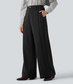 High Waisted Wide Leg Work Trousers with Pockets — Black — view 3