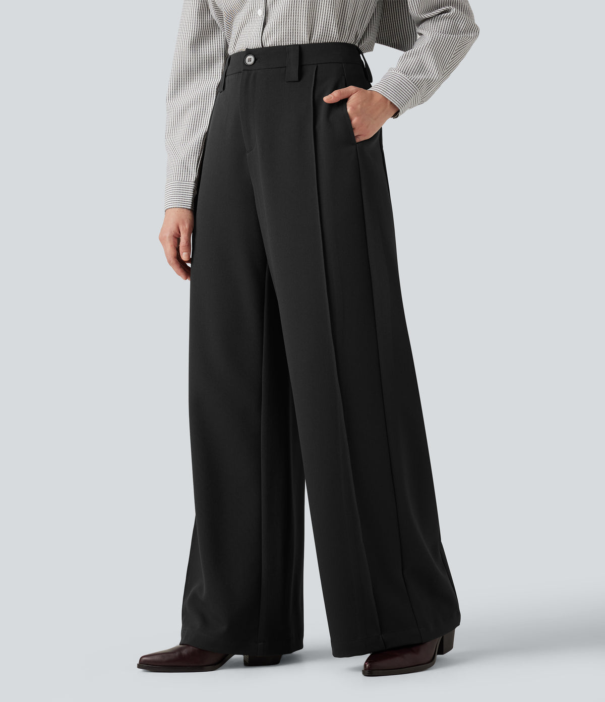 High Waisted Wide Leg Work Trousers with Pockets — Black — view 3
