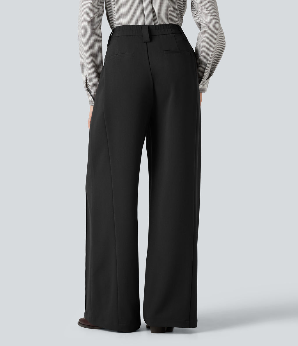 High Waisted Wide Leg Work Trousers with Pockets — Black — view 2