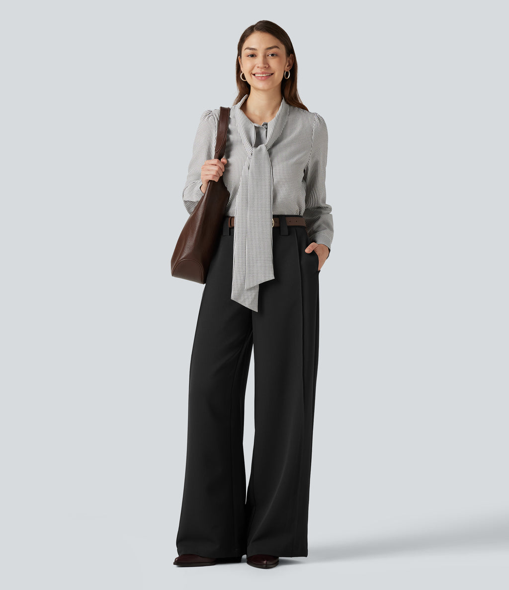 High Waisted Wide Leg Work Trousers with Pockets — Black — view 6