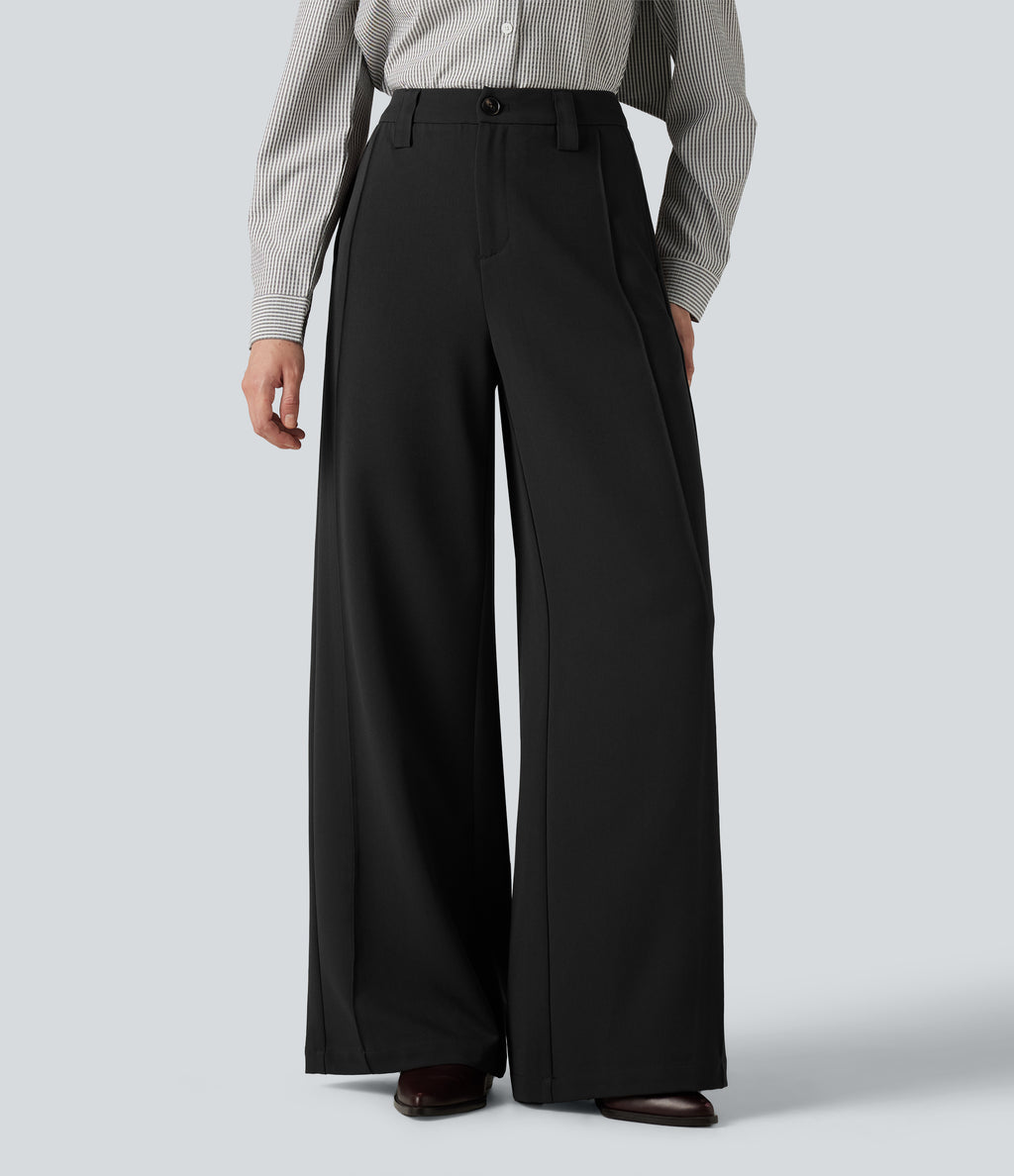 High Waisted Wide Leg Work Trousers with Pockets — Black — view 1