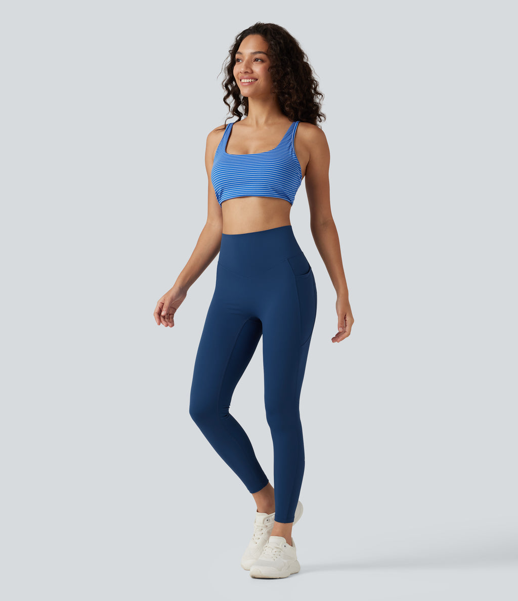 High Waisted Tummy Control Crossover Workout Leggings with Pockets — Navy Peony — view 7