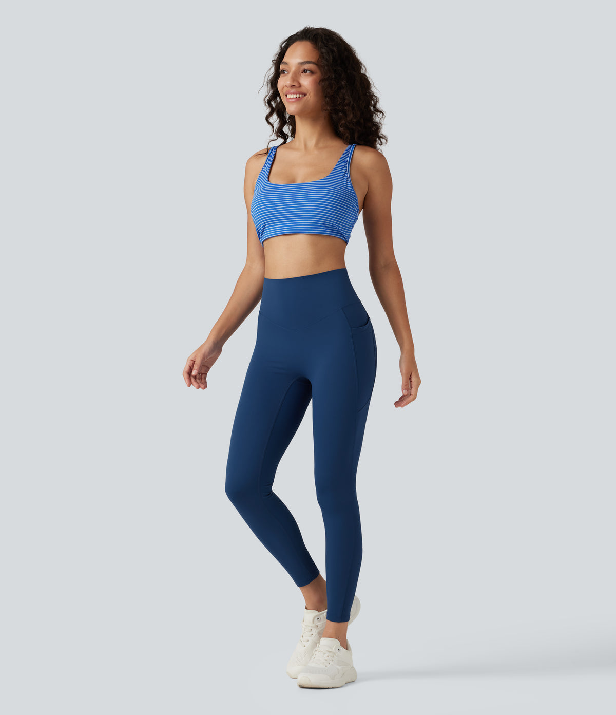 High Waisted Tummy Control Crossover Workout Leggings with Pockets — Navy Peony — view 7