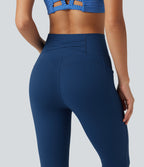 High Waisted Tummy Control Crossover Workout Leggings with Pockets — Navy Peony — view 5