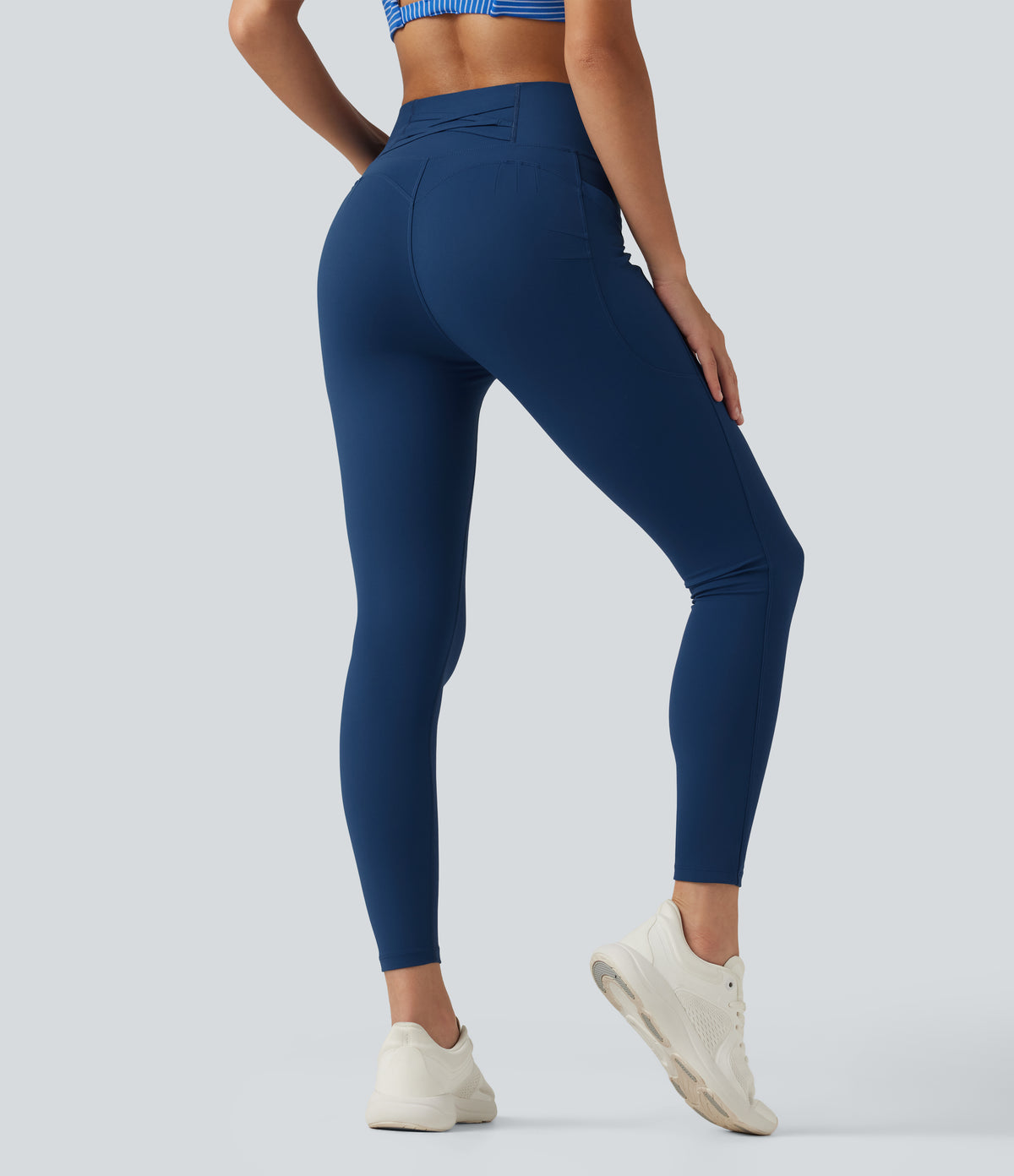 High Waisted Tummy Control Crossover Workout Leggings with Pockets — Navy Peony — view 2