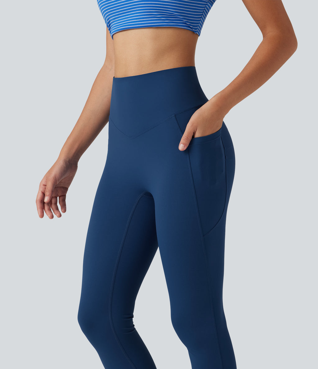 High Waisted Tummy Control Crossover Workout Leggings with Pockets — Navy Peony — view 4