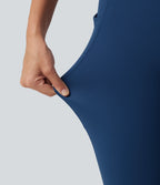 High Waisted Tummy Control Crossover Workout Leggings with Pockets — Navy Peony — view 6