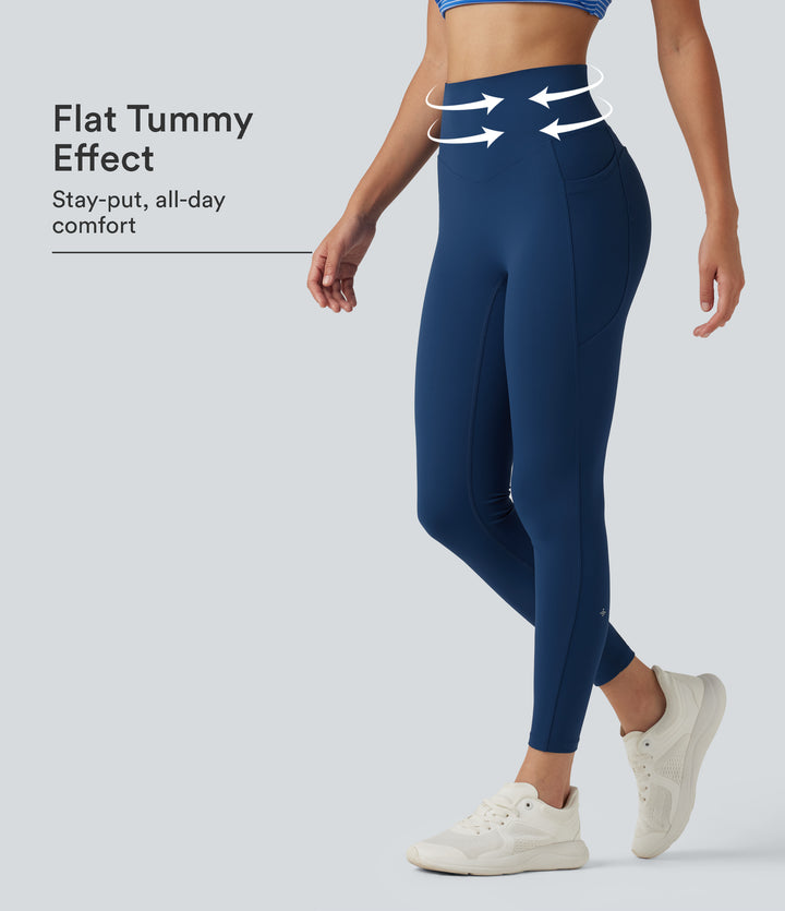 High Waisted Tummy Control Crossover Workout Leggings with Pockets — Navy Peony — view 1