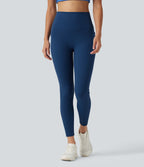 High Waisted Tummy Control Crossover Workout Leggings with Pockets — Navy Peony — view 3