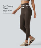 High Waisted Tummy Control Stretchy PU Yoga Leggings with Pockets — Hot Fudge — view 1
