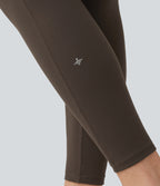 High Waisted Tummy Control Stretchy PU Yoga Leggings with Pockets — Hot Fudge — view 6