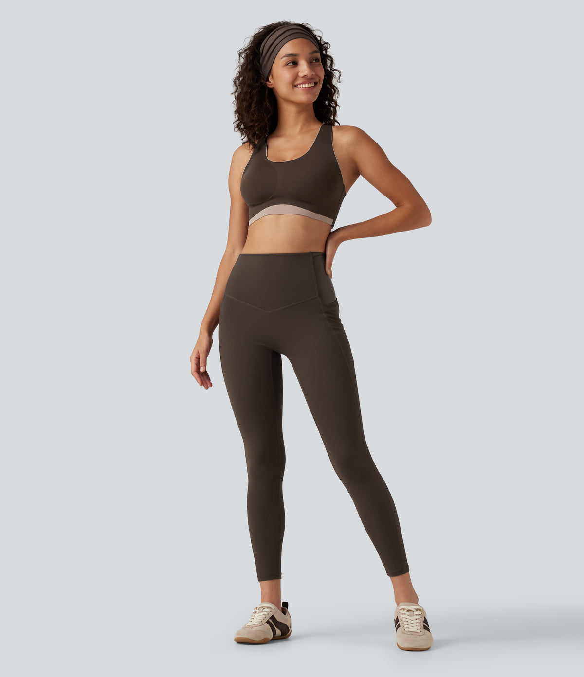 High Waisted Tummy Control Stretchy PU Yoga Leggings with Pockets — Hot Fudge — view 8