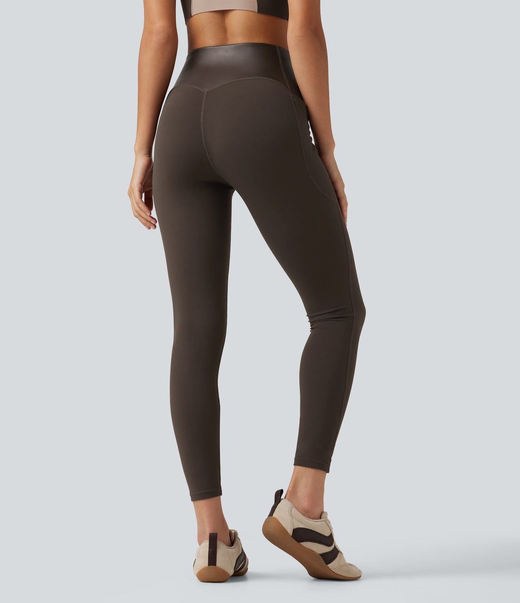 High Waisted Tummy Control Stretchy PU Yoga Leggings with Pockets — Hot Fudge — view 2