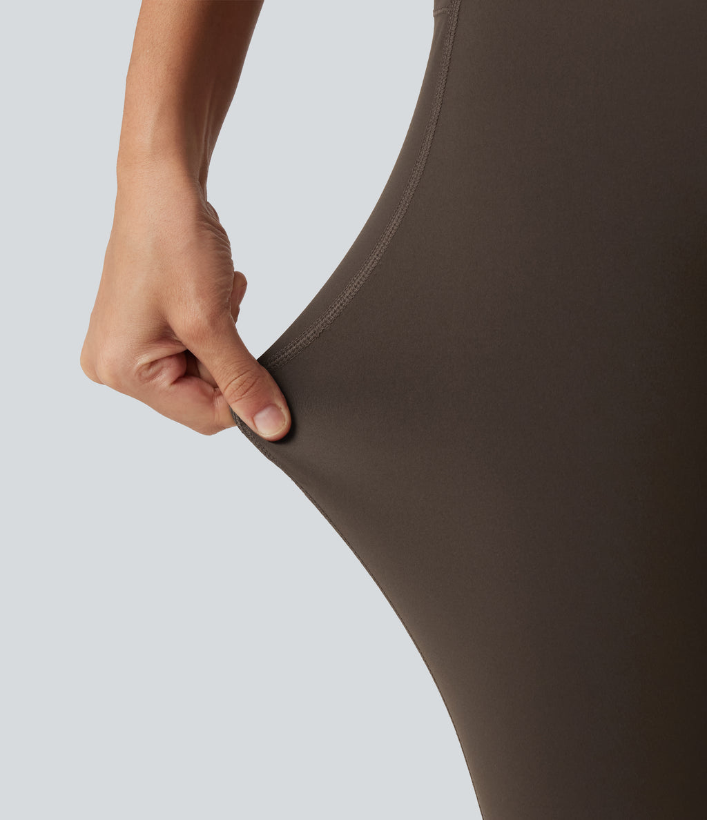 High Waisted Tummy Control Stretchy PU Yoga Leggings with Pockets — Hot Fudge — view 7